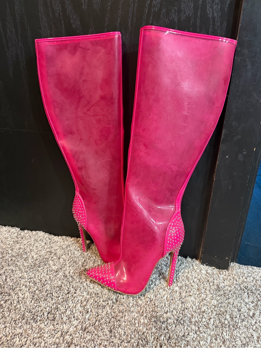 Shoe Dazzle Hot Pink Knee-High Stiletto Boots with Studded Heel